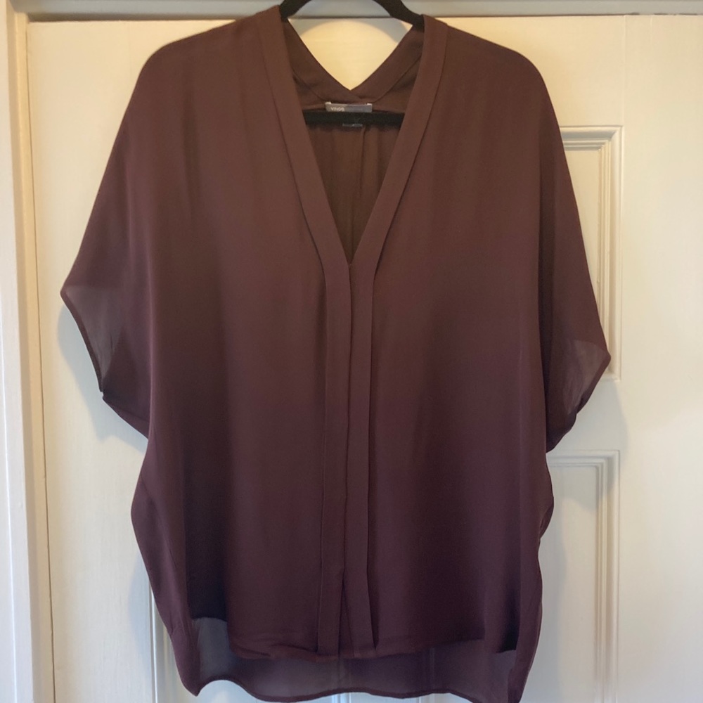 Sz L, Vince cap sleeve oversized blouse, deep v, burgundy/chocolate silk.